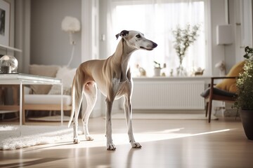 beige galgo or whippet at minimal scandinavian home interior of apartment. Hunting dog breed.