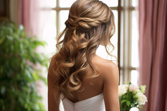 Back view of bride with romnatic long hair in bridal hairstyle