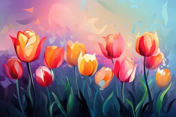 Fototapeta na wymiar colorful tulips illustration floral pastel background with copy space top
