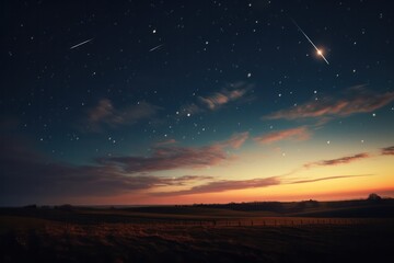shooting stars in the night sky landscape background at dusk. Meteorite rain.