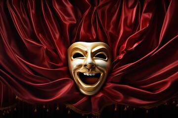 theater mask 3d render on red maroon curtains as background. Comedy, drama art and tragedy show. 