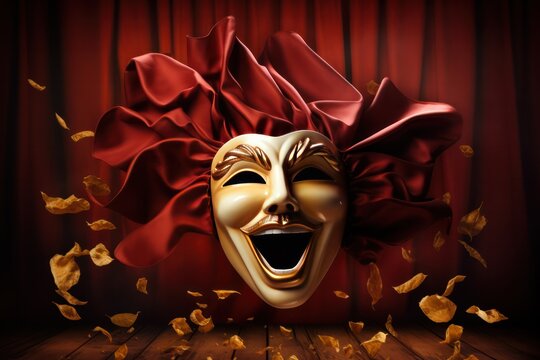 theater mask 3d render on red maroon curtains as background. Comedy, drama art and tragedy show. 