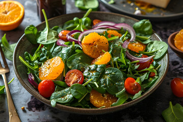 Close up of fresh salad with red onion, cherry tomatoes, spinach, orange, tangerine and clementine, dressing or olives oil on dark gray concrete background. Healthy and balanced food.