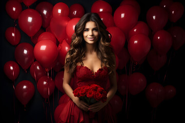 Young brunette woman with red roses bouquet in the hand and red hearts balloons at the background. Valentines day, birthday or date celebration.