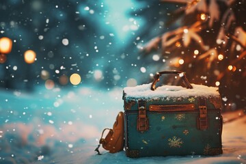 Travel concept. Suitcases, luggage, in winter lanscape. Time for vacation in the ski slopes. Blurred bokeh background with copy space. - obrazy, fototapety, plakaty