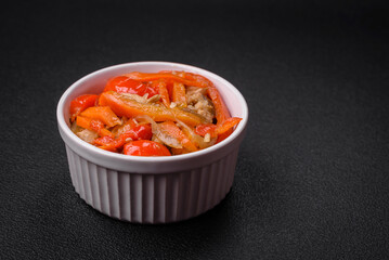 Delicious fresh stew with chicken or turkey with slices of sweet pepper and carrots