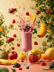 Pink smoothie illustration full of fruits in the background