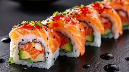 Capturing the essence of sushi, this stunning photo highlights the delicious and healthy aspects of this traditional Japanese dish, featuring various toppings and variations.
