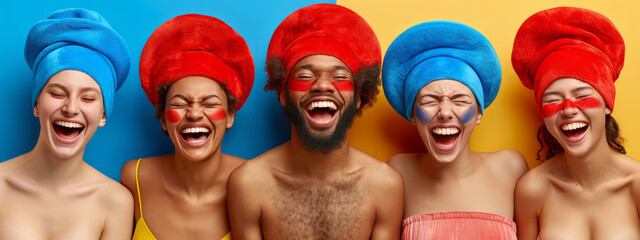 Carnival of Laughter, A Mesmerizing Display of Men Transformed Into Colorful Clown Portraits - obrazy, fototapety, plakaty