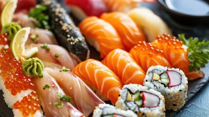 A stunning photo showcasing sushi, a delicious and healthy traditional Japanese dish, adorned with a variety of toppings and variations.
