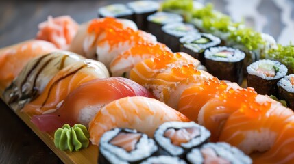 Sushi, a delicious and healthy traditional Japanese dish, is showcased in a stunning photo adorned with a variety of toppings and variations