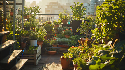 Um sereno jardim de cobertura exibe uma luxuriante variedade de vegetação com plantas em vasos e canteiros de flores dispostos contra o pano de fundo de uma paisagem urbana movimentada