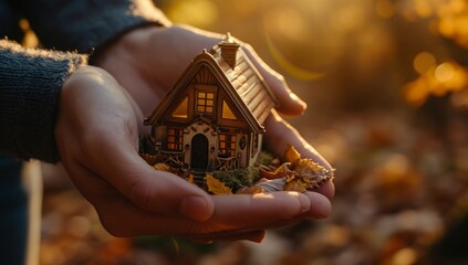small house model in hands of male person Generative AI