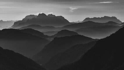 monochrome view from Wilder Kaiser towards Loferer Steinberge mountains, Tyrol, Austria - obrazy, fototapety, plakaty