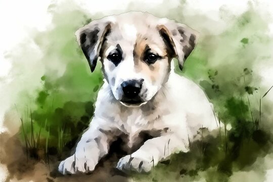 Cute white puppy with a black nose. Three-month-old turkmen alabai or tobet puppy. Watercolor drawing. Modern art. Abstract wallpaper. Green tones. Generative AI