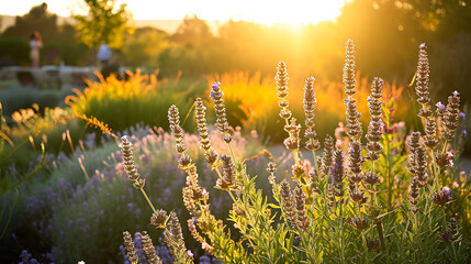 Um jardim tranquilo banhado pelo sol se estende diante de nós repleto de uma variedade de plantas e flores vibrantes e curativas - obrazy, fototapety, plakaty