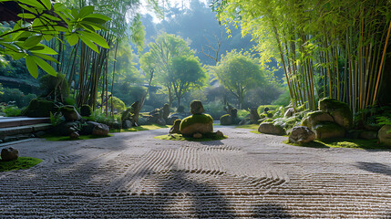 Um tranquilo jardim zen apresenta cascalho cuidadosamente cultivado cercado por vegetação exuberante e ornamentadas esculturas de pedra cobertas por musgo - obrazy, fototapety, plakaty