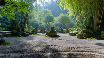 Foto op Canvas Um tranquilo jardim zen apresenta cascalho cuidadosamente cultivado cercado por vegetação exuberante e ornamentadas esculturas de pedra cobertas por musgo © Alexandre