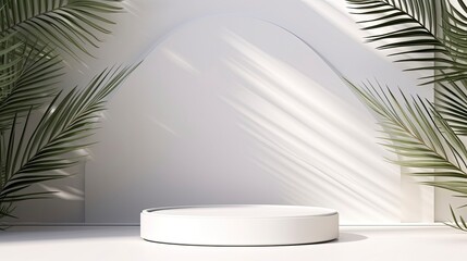 Abstract white 3D room with realistic white cylindrical pedestal podium set and shadow overlay of palm leaves. Minimal scene for product display presentation. Stage for performances.