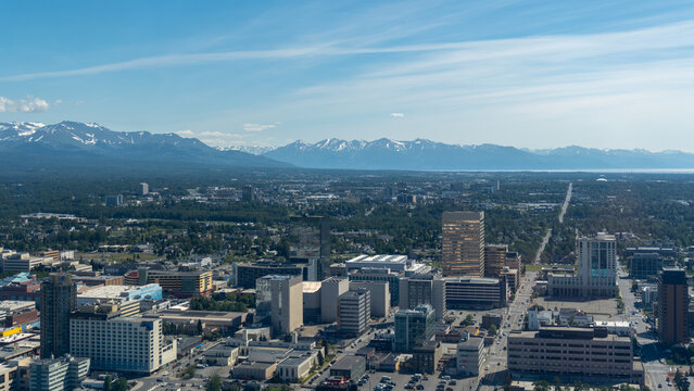 Anchorage, Alaska: Aerial view of downtown Anchorage, Alaska's largest city. Turnagain Arm, Dena'ina Civic and Convention Center, Conoco Phillips Alaska, Robert B. Atwood Building. 