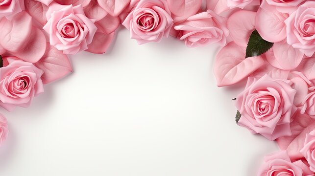 Decorative web banner. Close up of blooming pink roses flowers and petals isolated on white table background. Floral frame composition. Empty space.