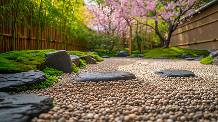 Um jardim zen sereno cheio de pedras meticulosamente arrumadas e cascalho rastelado cria uma atmosfera pacífica e contemplativa - obrazy, fototapety, plakaty