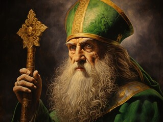 Old stern priest in a green cassock with a staff AI