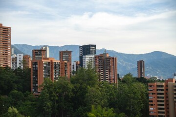 beautiful wide shot of landscape urban residential buildings in el poblado, medellin colombia