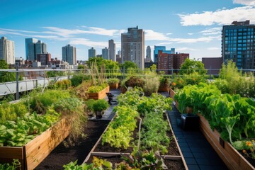 Fototapeta premium Rooftop Garden With Abundant Plants and Urban Buildings in Background