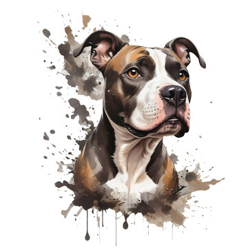 American Pitbull Terrier on transparent background, watercolor splash, art effect, ink splash, lively