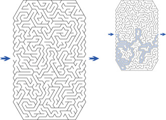 Vertical labyrinth of medium complexity with solution. Black and white complex maze with middle level of difficulty. Nice brainstorm puzzle for clever pupils or students.