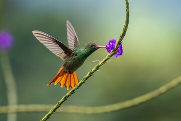 Rufous-tailed hummingbird (Amazilia tzacatl) flying to pick up nectar from a beautiful flower . Action wildlife scene from nature.