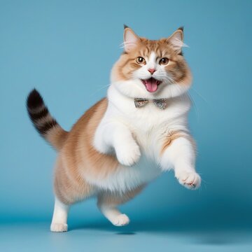 "Pudgy Cat in Action: Adorable Studio Photo of a Jumping Fluffy Cat Wearing a Bow