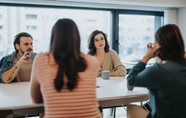 Engaged group of friends enjoying a thoughtful conversation in a cafe.