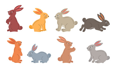 Cartoon Easter bunnies in various poses set. Easter bunny collection in hand drawn style. Bunny, rabbit, hare cute vector animal characters. Easter elements clip art for posters, cards, printing.