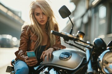 Young blonde woman using smartphone sitting on motorcycle at street