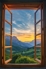 Open Window Overlooking Majestic Mountains