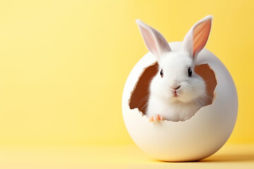 Fototapeta na wymiar Hare sitting in an egg on a yellow background