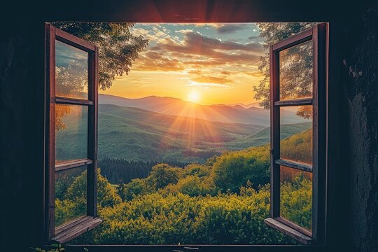 Fototapeta Majestic Mountains Through an Open Window