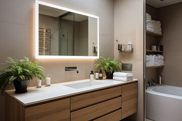 Fototapeta na wymiar A stylish, contemporary bathroom featuring a backlit LED-mirror, sleek wooden cabinetry, and lush green plants enhancing the serene atmosphere.