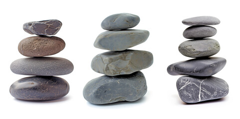 Fototapeta na wymiar A variety of smooth, polished pebbles showcasing different colors, textures, and patterns, isolated on a white background