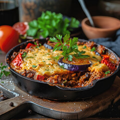 Delicious homemade turkish-greek moussaka with fresh herbs and vegetables. A flavorful Mediterranean dish with layers of tomato, eggplant, zucchini, potato, cheese, and béchamel.