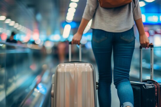 Young woman hand holding luggage handle before checking flight time in airport, Transport, insurance, travel and vacation concepts
