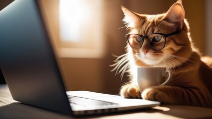 A red cat with glasses sits at a laptop with a gray mug in the sunlight.Business concept