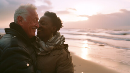 Happy interracial senior couple embracing on the beach by the sea, candid white man and black woman in love  - obrazy, fototapety, plakaty