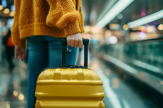 Young woman hand holding luggage handle before checking flight time in airport, Transport, insurance, travel and vacation concepts