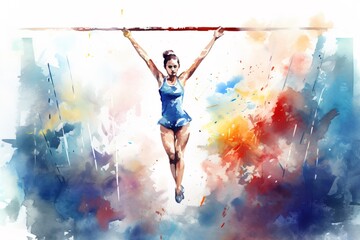 A girl does gymnastics watercolor. Generation AI - obrazy, fototapety, plakaty