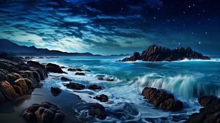 Obraz premium A scenic coastal scene with crashing waves under a starry sky, showcasing the tranquil beauty of a nighttime seascape - Generative AI