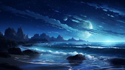 A scenic coastal scene with crashing waves under a starry sky, showcasing the tranquil beauty of a nighttime seascape - Generative AI