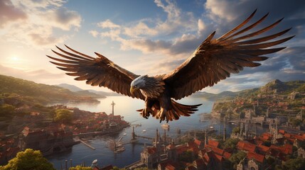 Majestic Falcon Soaring Gracefully Above a Picturesque Mountain Landscape - AI-Generative - obrazy, fototapety, plakaty